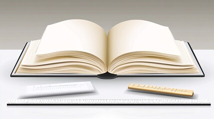 An open book with blank pages, a ruler, and a blank sheet of paper on a white desk.