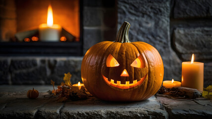 Obraz premium halloween pumpkin in the fireplace, jack o lantern, horro