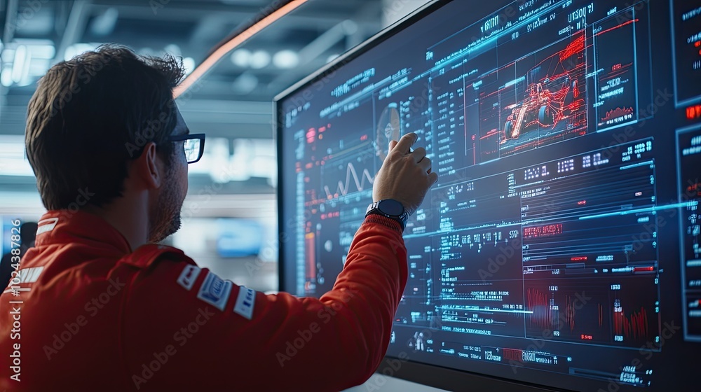 Poster engineer analyzing telemetry data in formula racing