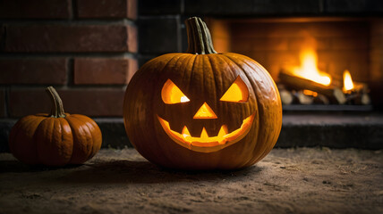 Fototapeta premium halloween pumpkin in the fireplace, jack o lantern, horro