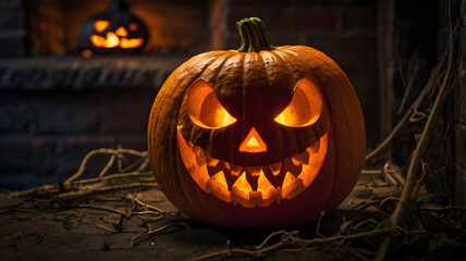 halloween pumpkin in the fireplace, jack o lantern, horro