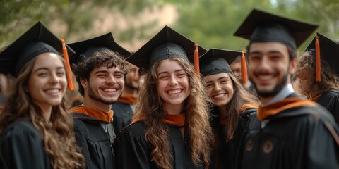Group of people wearing graduation caps and gowns are smiling for the camera. Scene is happy and celebratory, as the graduates are proud of their accomplishments and excited for their future