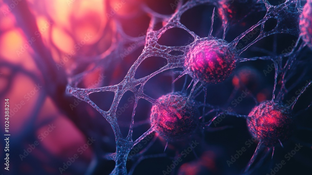 Poster close-up view of interconnected cells, showcasing biological structures and vibrant colors.