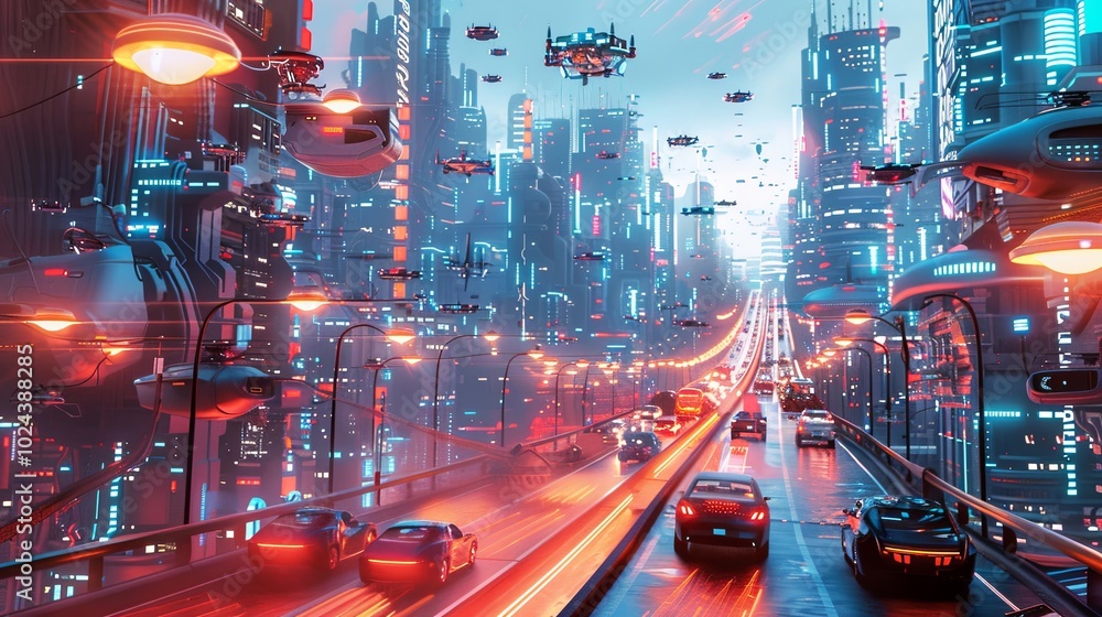 Poster in a bustling city at night, self-driving cars navigate intelligent traffic lights while drones zip 