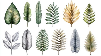 Watercolor Tropical Leaves Set   Green  Beige  Silver  Botanical Illustration
