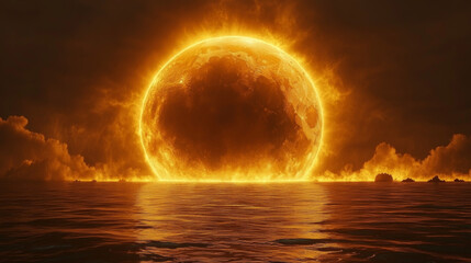 Total Solar Eclipse Art Deco Graphic Moon in Blue Tones