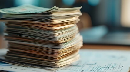 A stack of various international currencies such as US dollars Euros and Yen resting on top of financial reports charts and data summaries depicting the interplay between finance banking