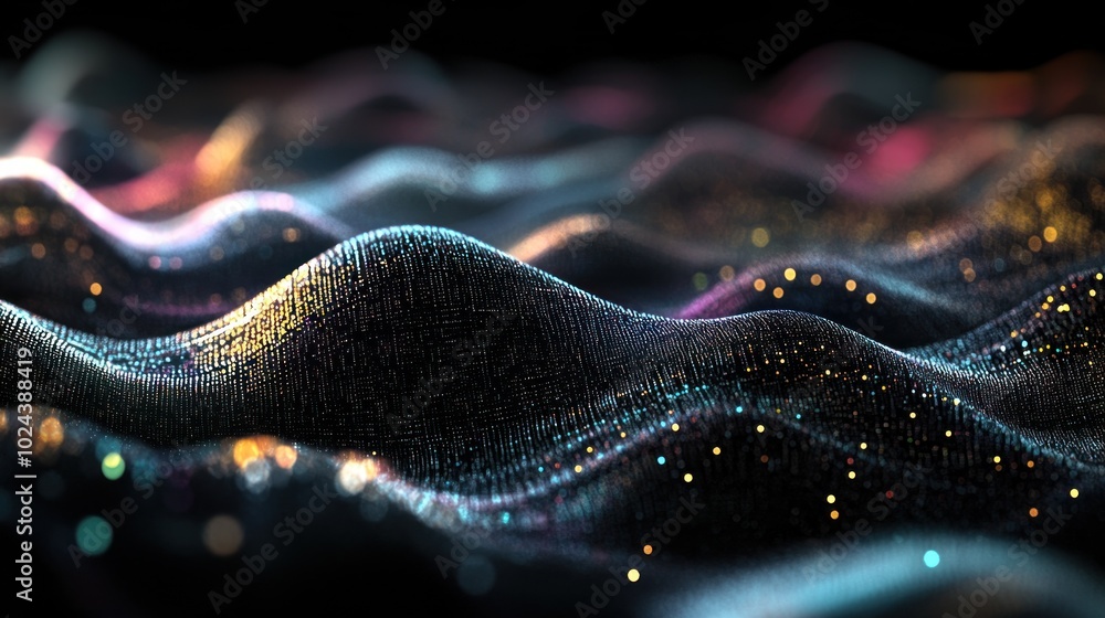 Poster abstract waves with shimmering particles, creating a visually captivating digital landscape.