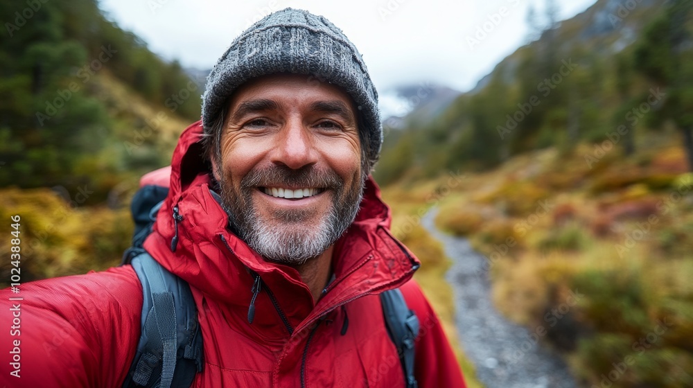 Poster man with a backpack and a cell phone is smiling and taking a picture. concept of adventure, exciteme