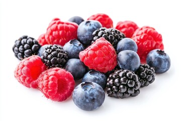 wild berries mix, raspberry, blueberries, blackberries isolated on white background, clipping path