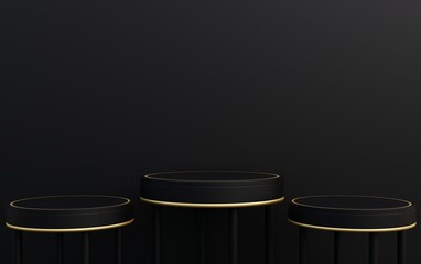 Black pedestal. Black background for displaying various premium products. 3D rendering.