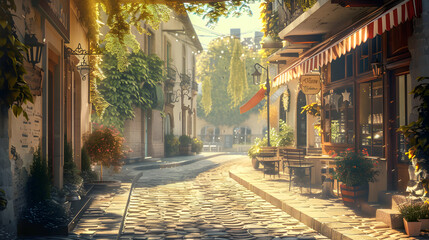 Obraz premium Quaint Cobblestone Street Lined with Outdoor Dining Tables and Chairs 