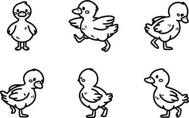 Set of cartoon ducks in various poses, hand-drawn in line art style. Vector illustration, isolated for easy use in kid's designs, playful projects, and animal themes.