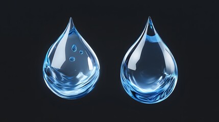 Two Transparent Blue Water Drops Against a Dark Background