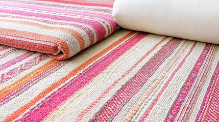 Closeup of a pink and white striped blanket on a bed.
