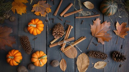 A flat lay of a rustic autumn arrangement on a dark wooden table with dry leaves, pumpkins, pinecones, and bundles of cinnamon sticks, evoking the warm colors and textures of the fall season.