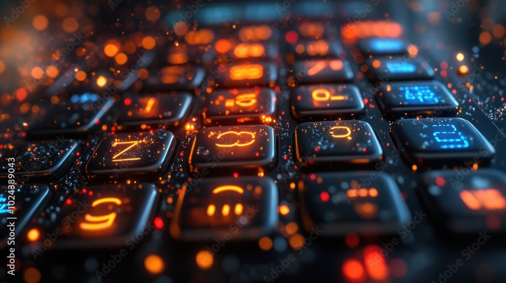 Poster close-up shot of a futuristic keyboard with glowing keys and bokeh effect.