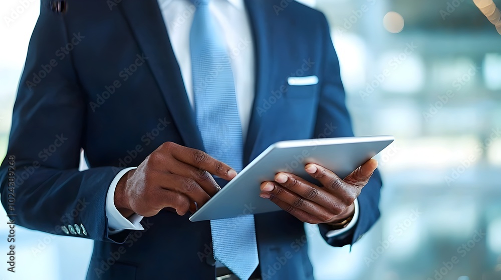 Poster financial consultant reviewing investment reports data and analytics displayed on a digital tablet f