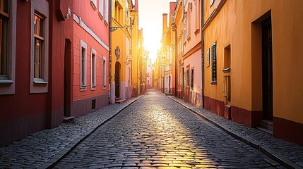 Naklejka premium Cobblestone street lined with colorful buildings, sunlight shining through the alleyway at sunset.