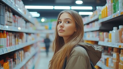 Young Woman in a Supermarket Aisle