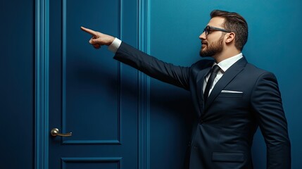 Smartly Dressed Man Gesturing Towards a Door
