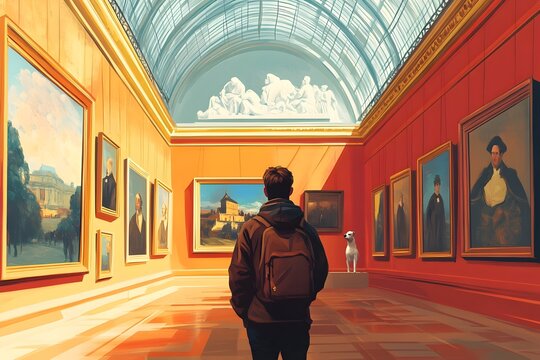 Dog Exploring an Artful Museum Exhibit in Surreal Documentary Style
