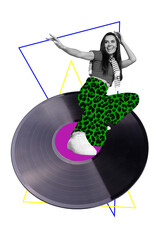 Vertical photo collage young cheerful woman entertainment disco record player vinyl music listener...