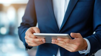 Stylish Man in Suit Using Tablet for Professional Tasks