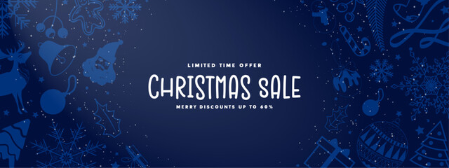 Elegant Limited Time Offer Christmas Sale Banner. Merry discounts up to 60% text tag, cute christmas decoration elements as a border on a blue gradient background. Vector Illustration