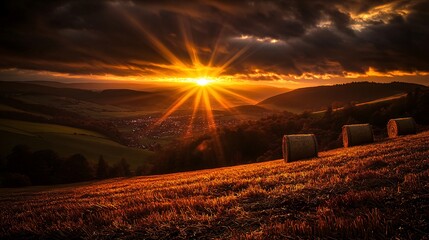 Dramatic sunset over a valley with hay bales in the foreground.