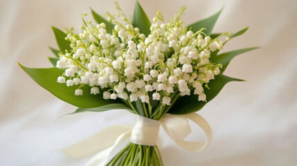 Obraz premium Lily of the Valley flowers in a delicate, hand-tied bouquet with a ribbon