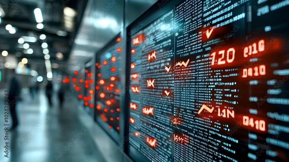 Poster macro close up view of a market ticker display showing declining red numbers and downward pointing a