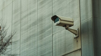 Surveillance Camera Mounted on a Concrete Wall in an Urban Setting