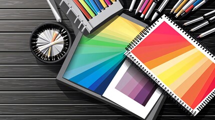 Flat lay of a design workspace with color swatches, pens, and pencils.