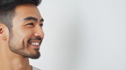 Fototapeta premium An elderly Asian man smiles brightly, radiating happiness and wisdom. His expression reflects a joyful spirit as sunlight softly illuminates his face, copy space