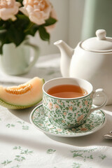 serene afternoon tea setting featuring delicate floral teacup filled with tea, accompanied by teapot, slice of melon, and bouquet of roses. This inviting scene evokes sense of calm and relaxation
