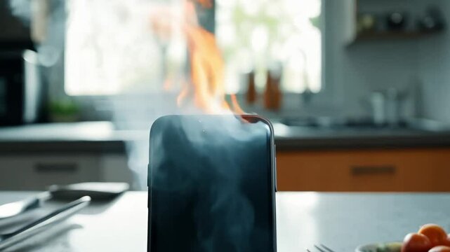 Smartphone battery ignites, shooting flames and emitting sparks. Close-up of a phone overheating and catching fire, creating a dangerous scene of malfunction and destruction as smoke rises and the dev