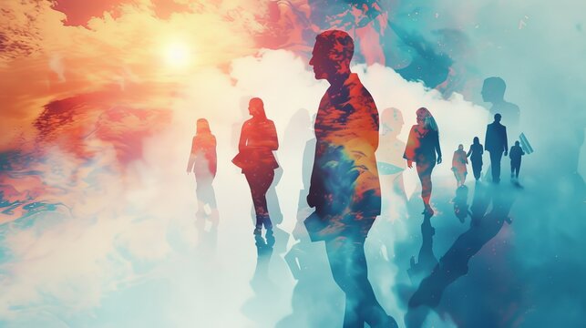 Universal business website header with silhouetted professionals and double exposure of economic growth graph and financial data chart, perfect for corporate branding and digital presentations