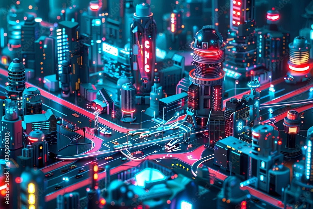 Poster The city features glowing smart technologies, self-driving vehicles, drones navigating the air, and intelligent traffic systems guiding movement. Generative AI