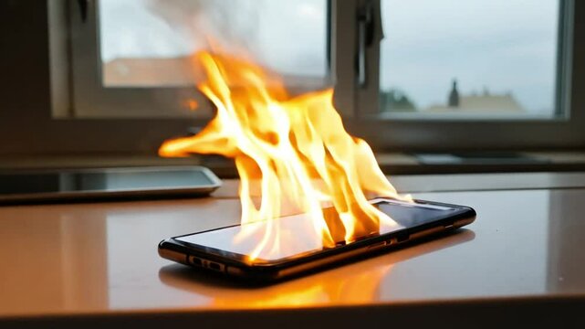 Smartphone battery ignites, shooting flames and emitting sparks. Close-up of a phone overheating and catching fire, creating a dangerous scene of malfunction and destruction as smoke rises and the dev