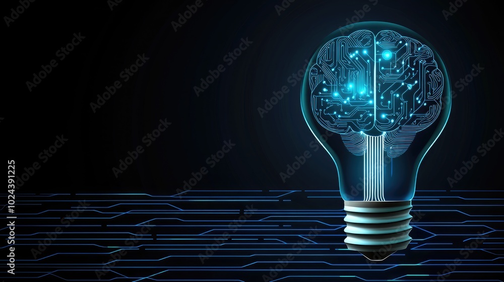 Poster a shiny, modern light bulb glowing with a brain-shaped filament inside, representing the power of id