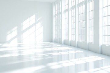 A bright, empty room with white walls and large windows allowing sunlight to pour