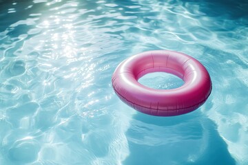 A bright pink inflatable pool ring floating gently on the surface of a clear blue pool