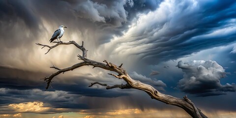 Obraz premium A lone bird perched on a weathered branch against a backdrop of dramatic clouds. The sky is a canvas of swirling grays, blues, and whites, with hints of sunlight breaking through the storm.