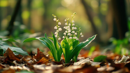 Lily of the Valley flowers emerging from a woodland floor with fallen leaves