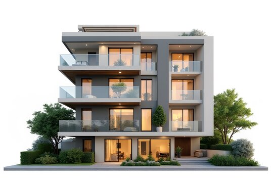 A modern, three-story apartment building with a sleek, contemporary design. The building features large windows, private balconies, and landscaped grounds.