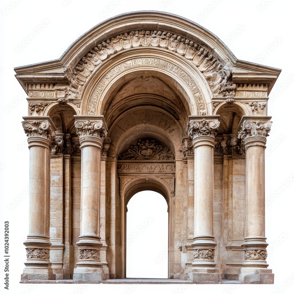 Poster a detailed architectural structure featuring ornate columns and arches.