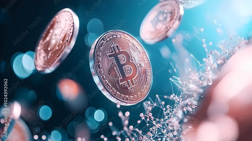 Poster spinning virtual coins floating in a futuristic cyberspace symbolizing the dynamic and rapidly evolv