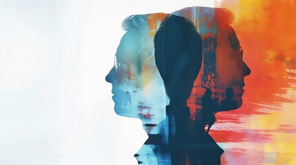 Universal business website header with silhouetted professionals and double exposure of economic growth graph and financial data chart, perfect for corporate branding and digital presentations