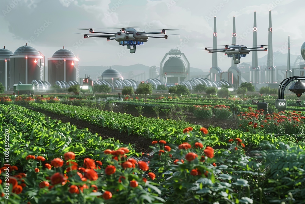 Fototapete Drones and robots monitor and optimize crop growth on a high-tech farm, enhancing agricultural efficiency through advanced technology. Generative AI